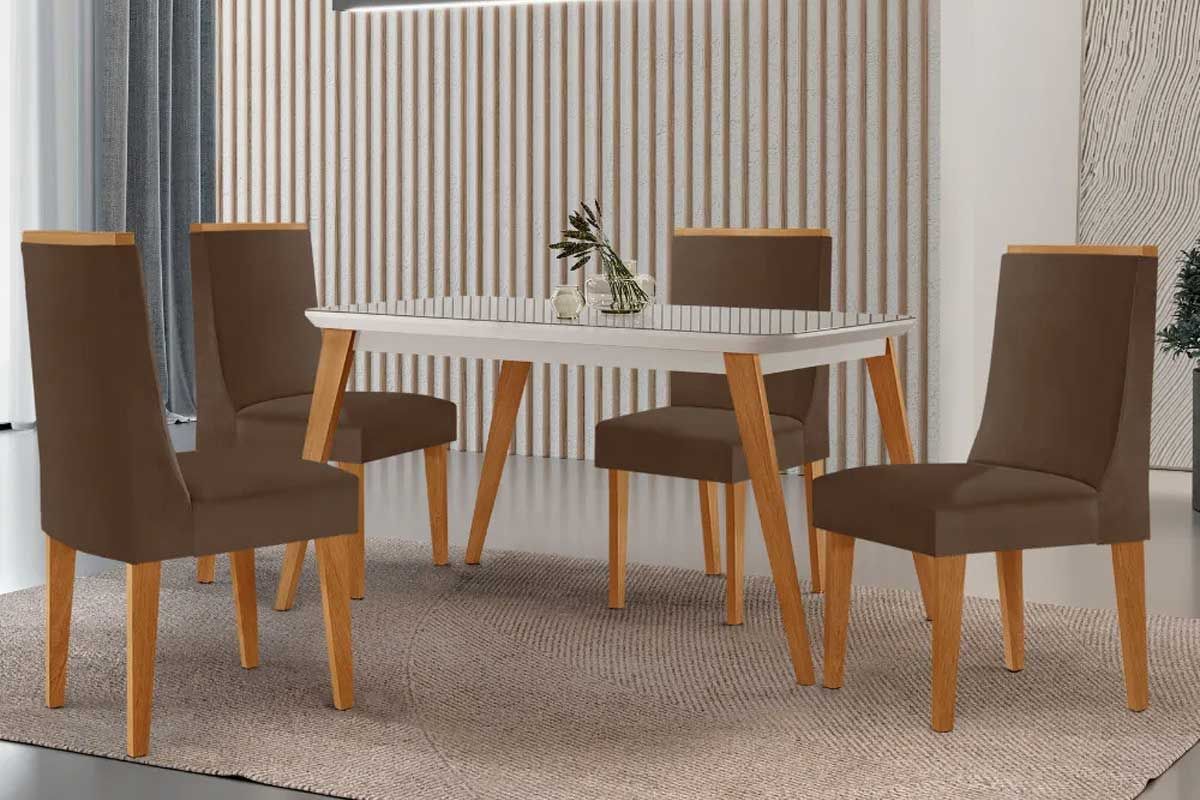 Sala Jantar Mesa Havana Canto Curvo 120cm + 4 Cadeiras Dakota - Rufato