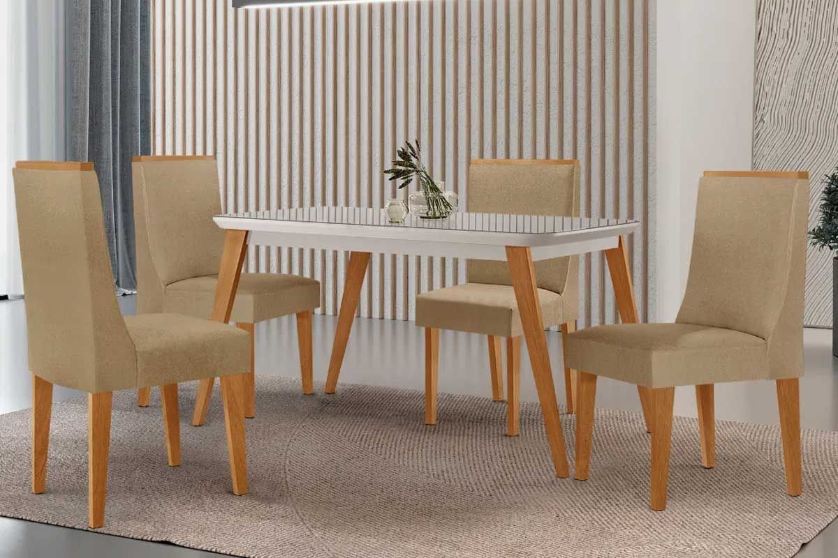 Sala Jantar Mesa Havana Canto Curvo 120cm + 4 Cadeiras Dakota - Rufato