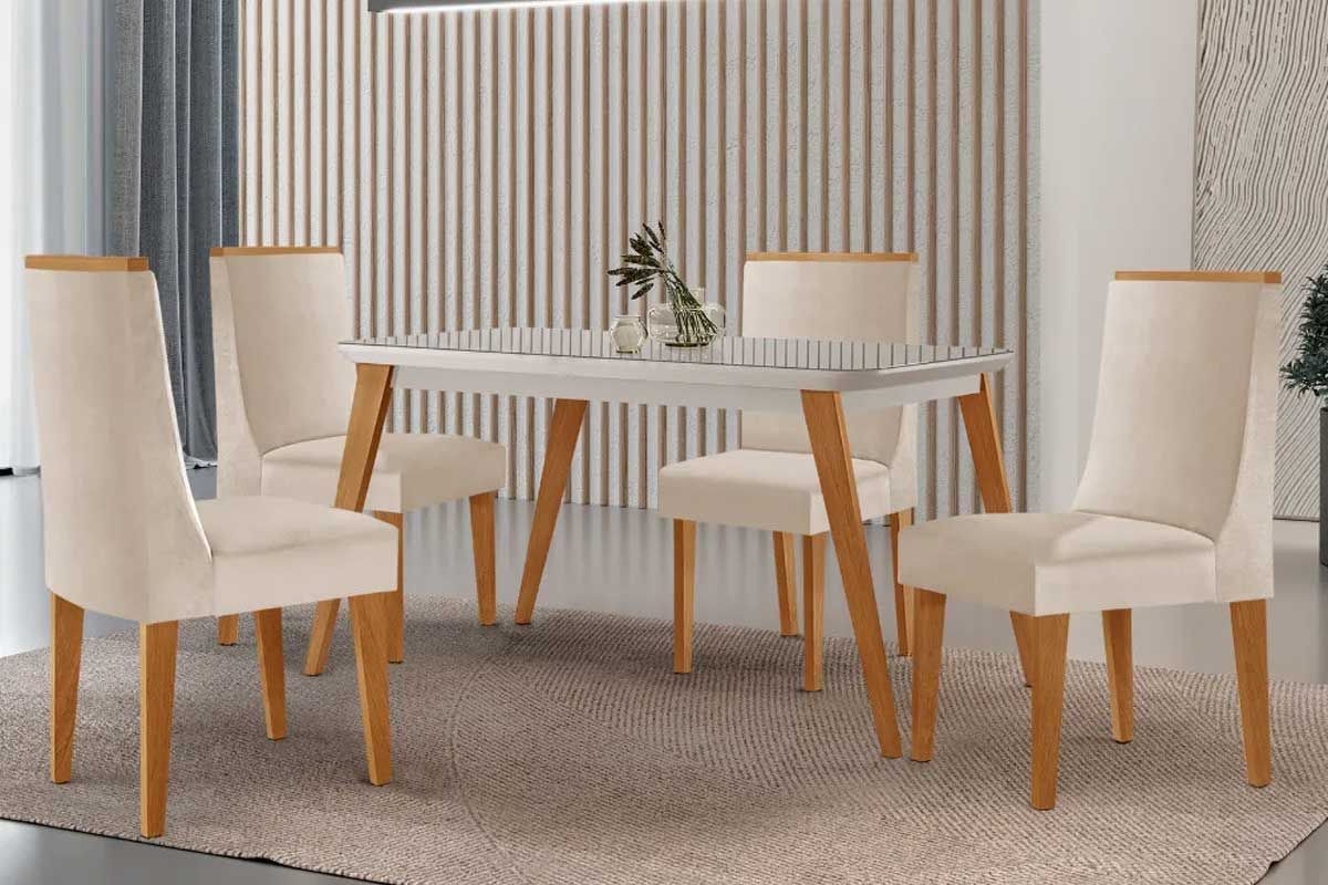 Sala Jantar Mesa Havana Canto Curvo 120cm + 4 Cadeiras Dakota - Rufato