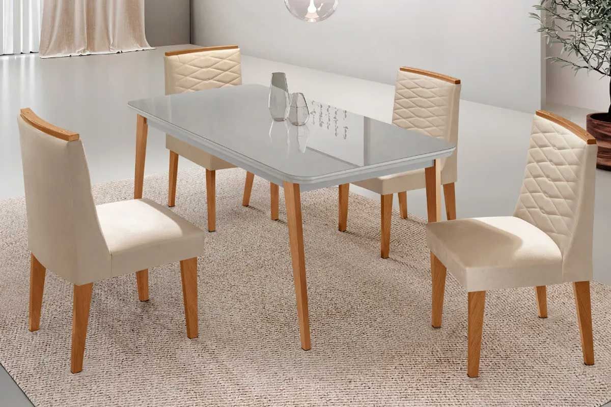 Sala Jantar Mesa Havana Curvo 120cm + 4 Cadeiras Maldivas - Rufato