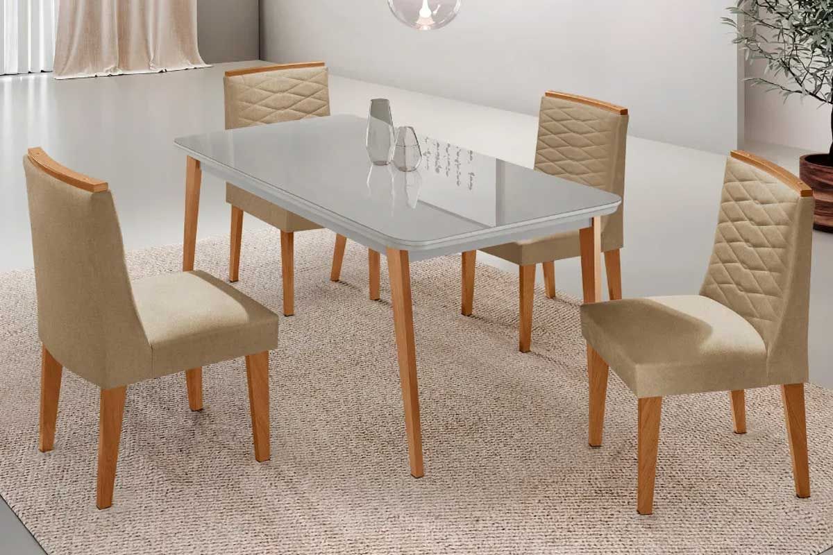 Sala Jantar Mesa Havana Curvo 120cm + 4 Cadeiras Maldivas - Rufato