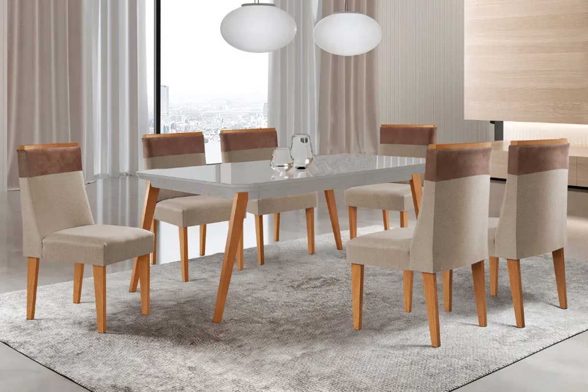 Sala Jantar Mesa Havana Curvo 180cm + 6 Cadeiras Jaspe - Rufato