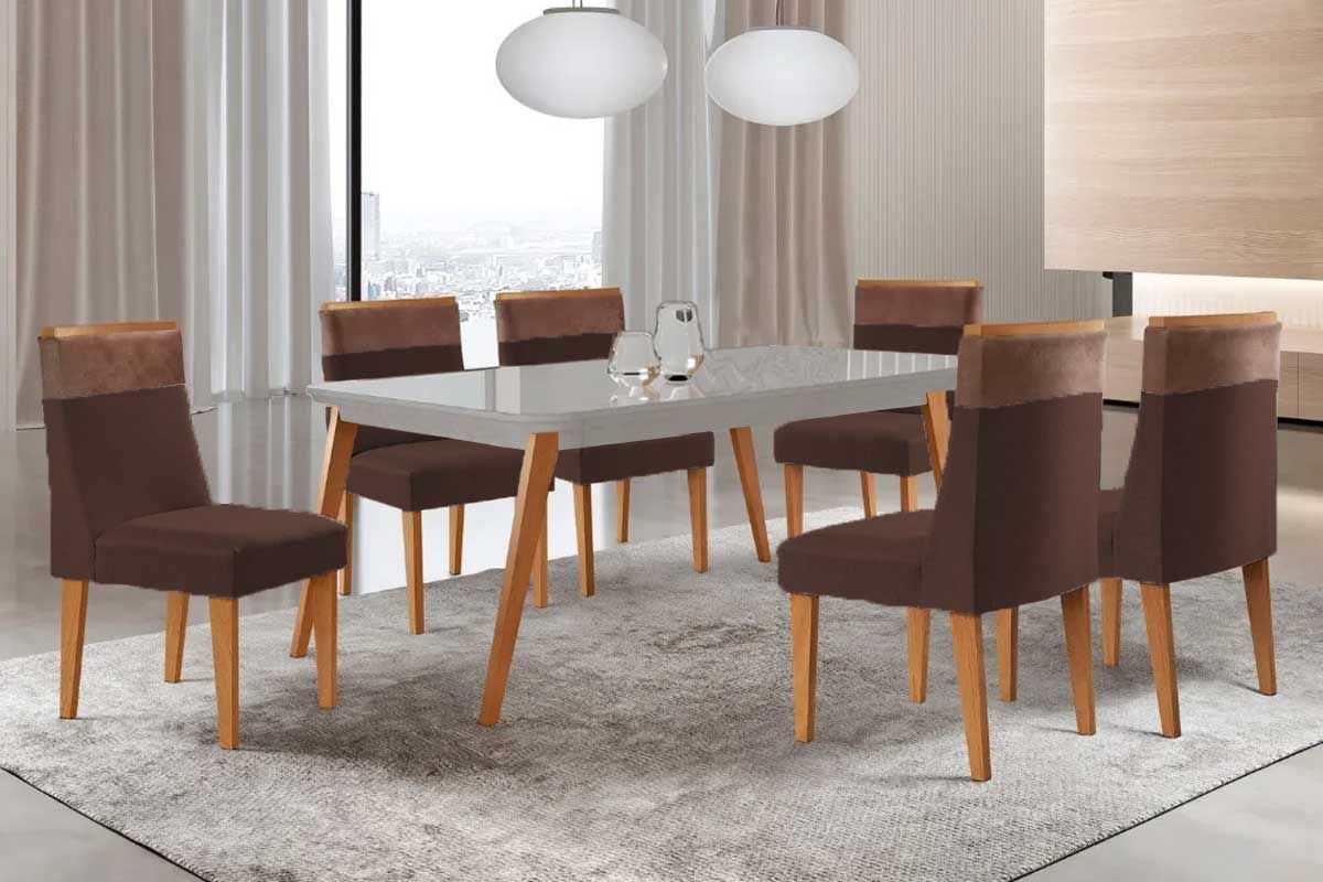 Sala Jantar Mesa Havana Curvo 180cm + 6 Cadeiras Jaspe - Rufato