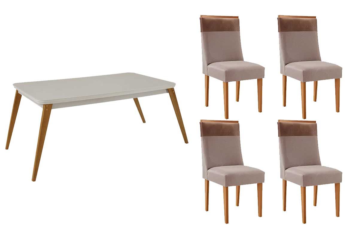 Sala Jantar Mesa Havana c/ Tampo Madeirado c/ Vidro Canto Curvo 120x80cm e 4 Cadeiras Jaspe - Rufato