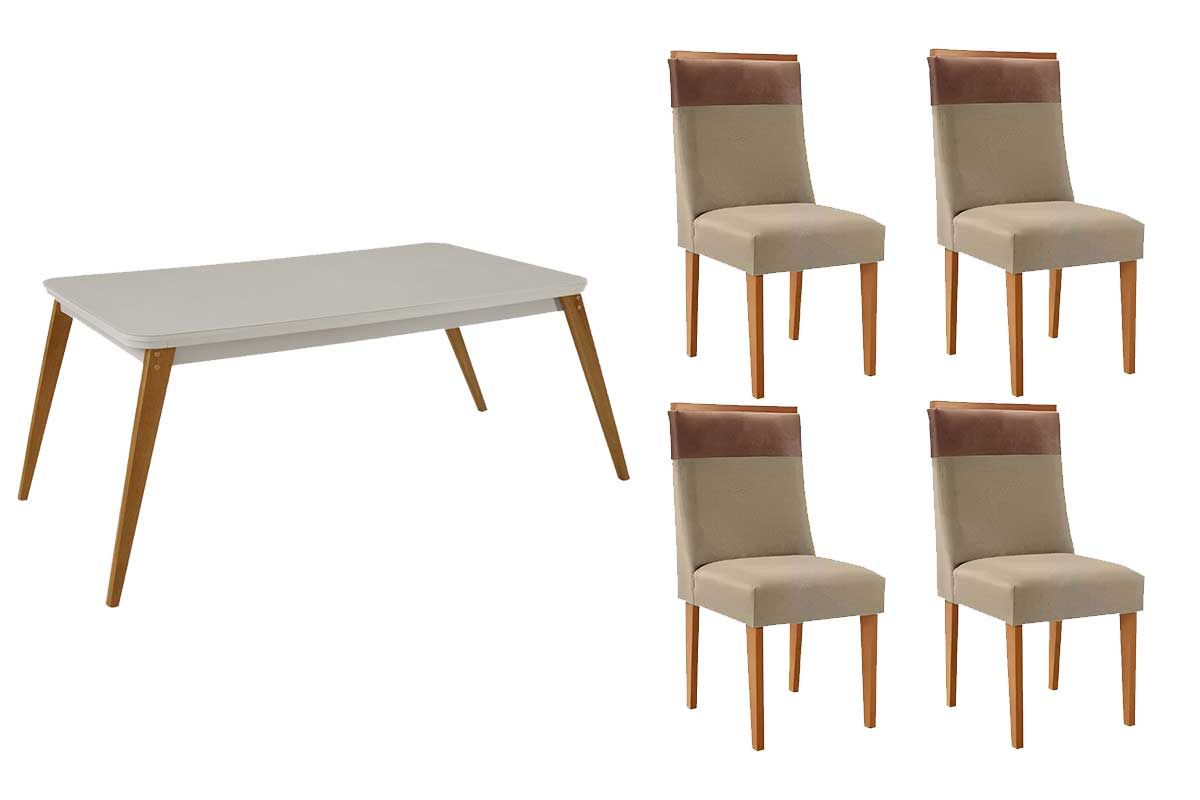 Sala Jantar Mesa Havana c/ Tampo Madeirado c/ Vidro Canto Curvo 120x80cm e 4 Cadeiras Jaspe - Rufato