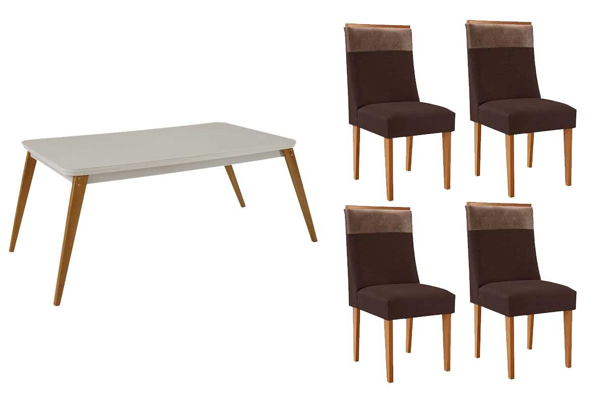Sala Jantar Mesa Havana c/ Tampo Madeirado c/ Vidro Canto Curvo 120x80cm e 4 Cadeiras Jaspe - Rufato