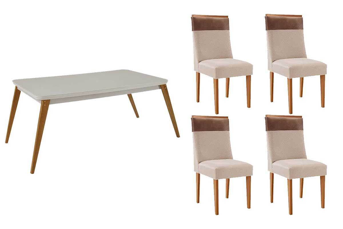 Sala Jantar Mesa Havana c/ Tampo Madeirado c/ Vidro Canto Curvo 120x80cm e 4 Cadeiras Jaspe - Rufato