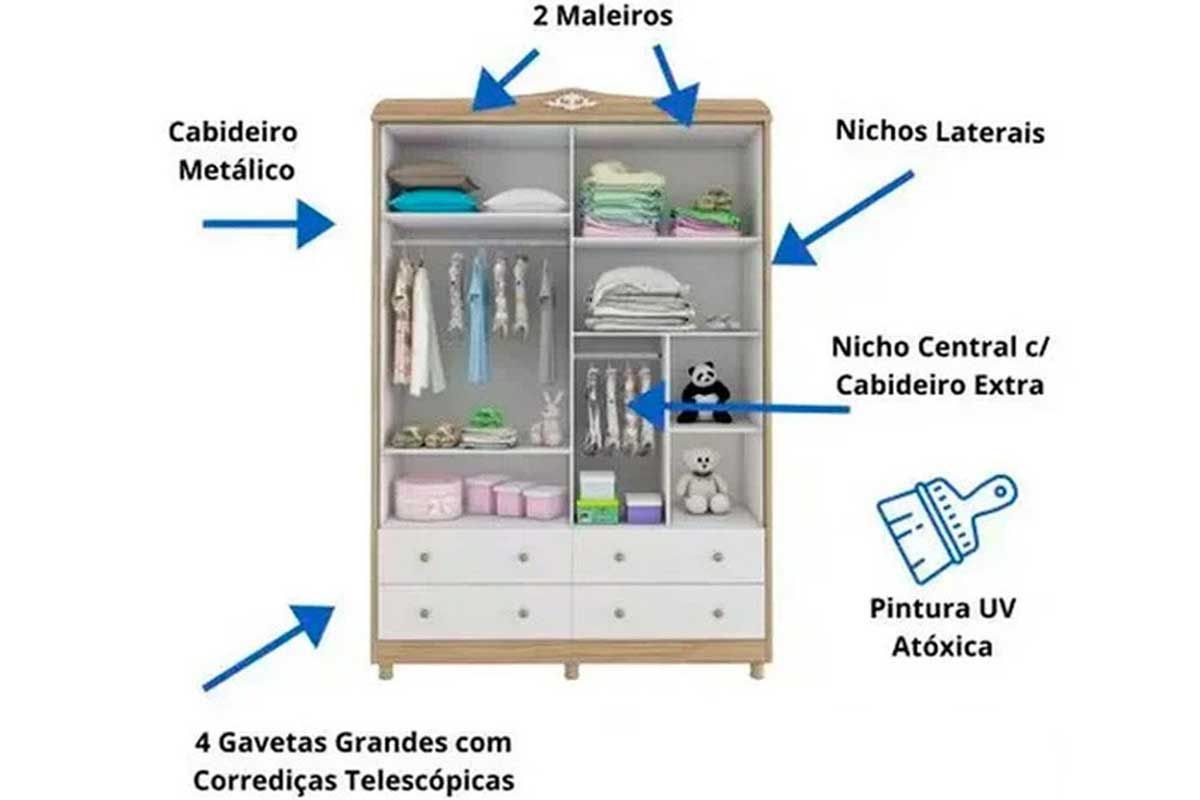 Quarto Infantil Completo Elô 4 Peças (1GuardaRoupa+1Berço+1Cômoda+1Complemento) QI116 Peroba