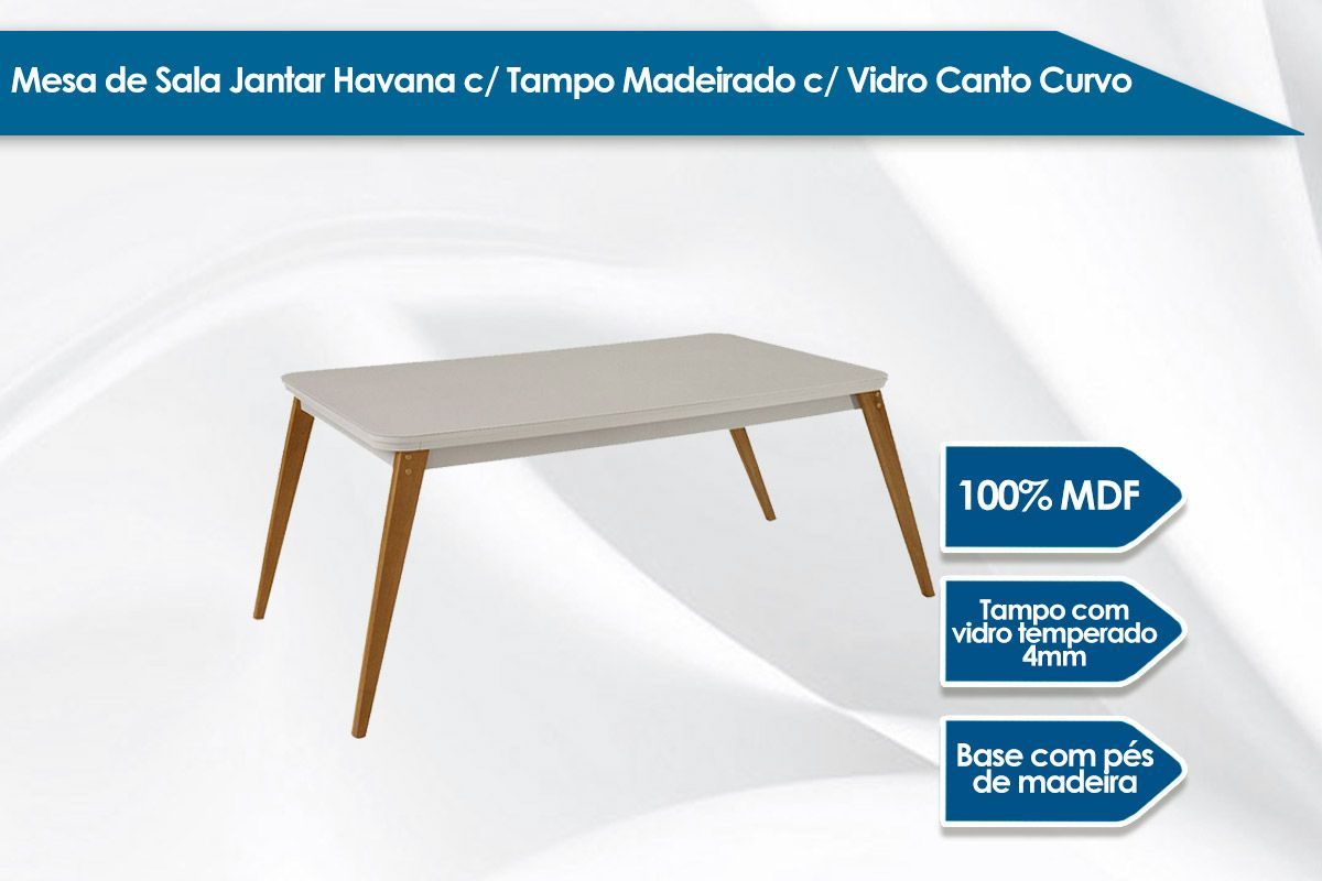 Sala Jantar Mesa Havana Curvo 180cm + 6 Cadeiras Dafne - Rufato