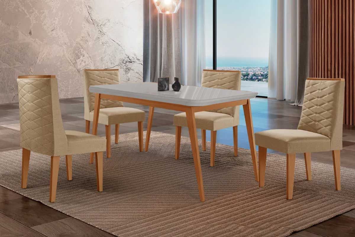 Sala Jantar Mesa Havana Curvo 120cm + 4 Cadeiras Dafne - Rufato