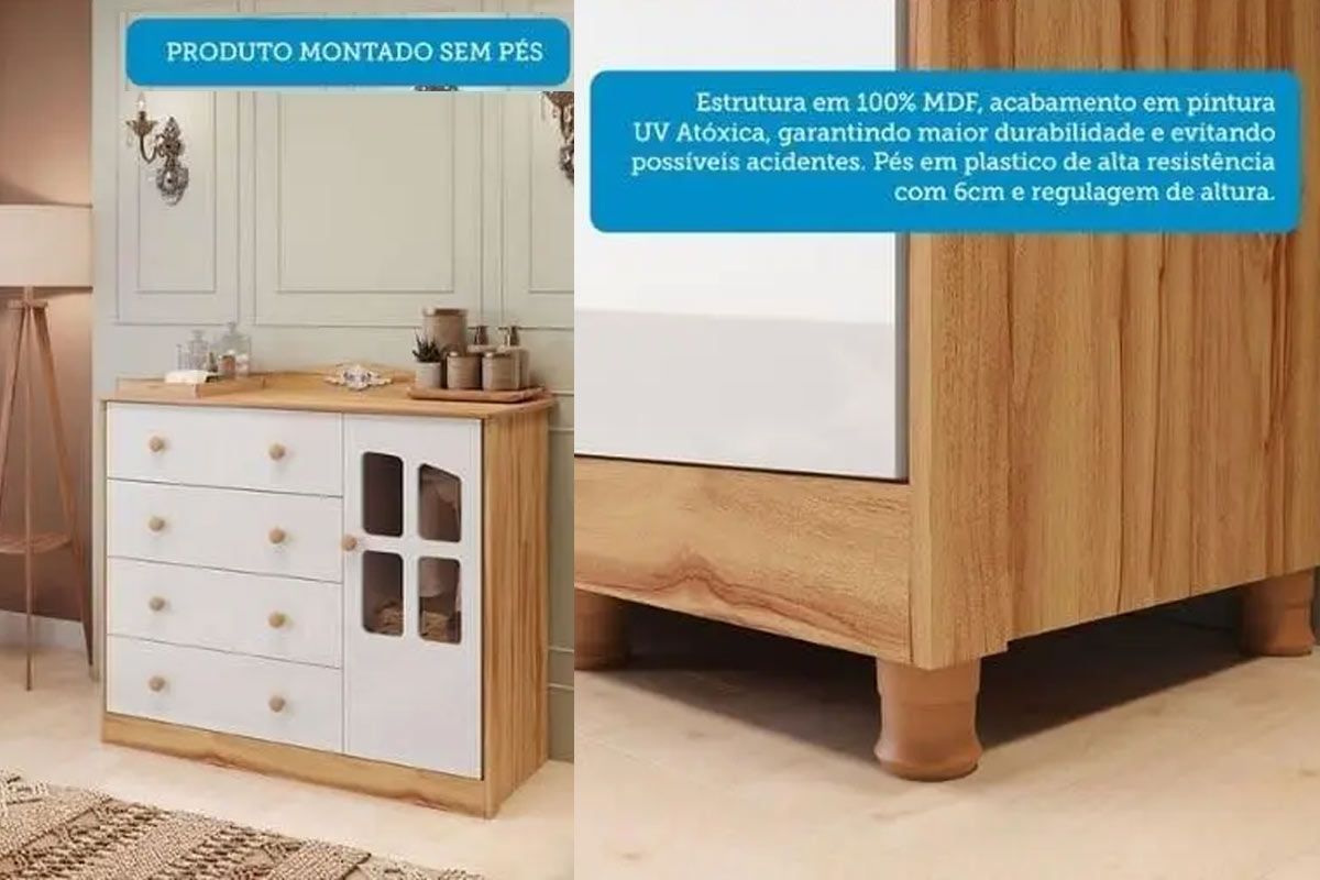 Quarto Infantil Completo Elô 4 Peças (1GuardaRoupa+1Berço+1Cômoda+1Complemento) QI117 Peroba