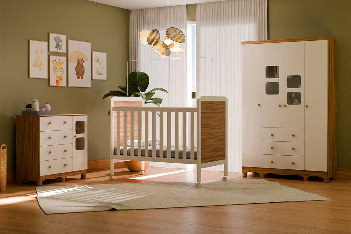 Quarto Infantil Completo 3 Peças (1GuardaRoupa+1Berço+1Cômoda) QI120 Peroba