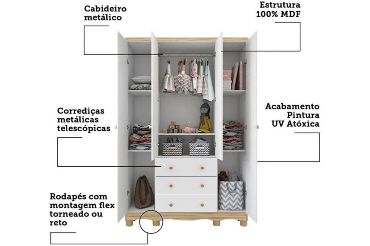 Quarto Infantil Completo 3 Peças (1GuardaRoupa+1Berço+1Cômoda) QI121 Peroba