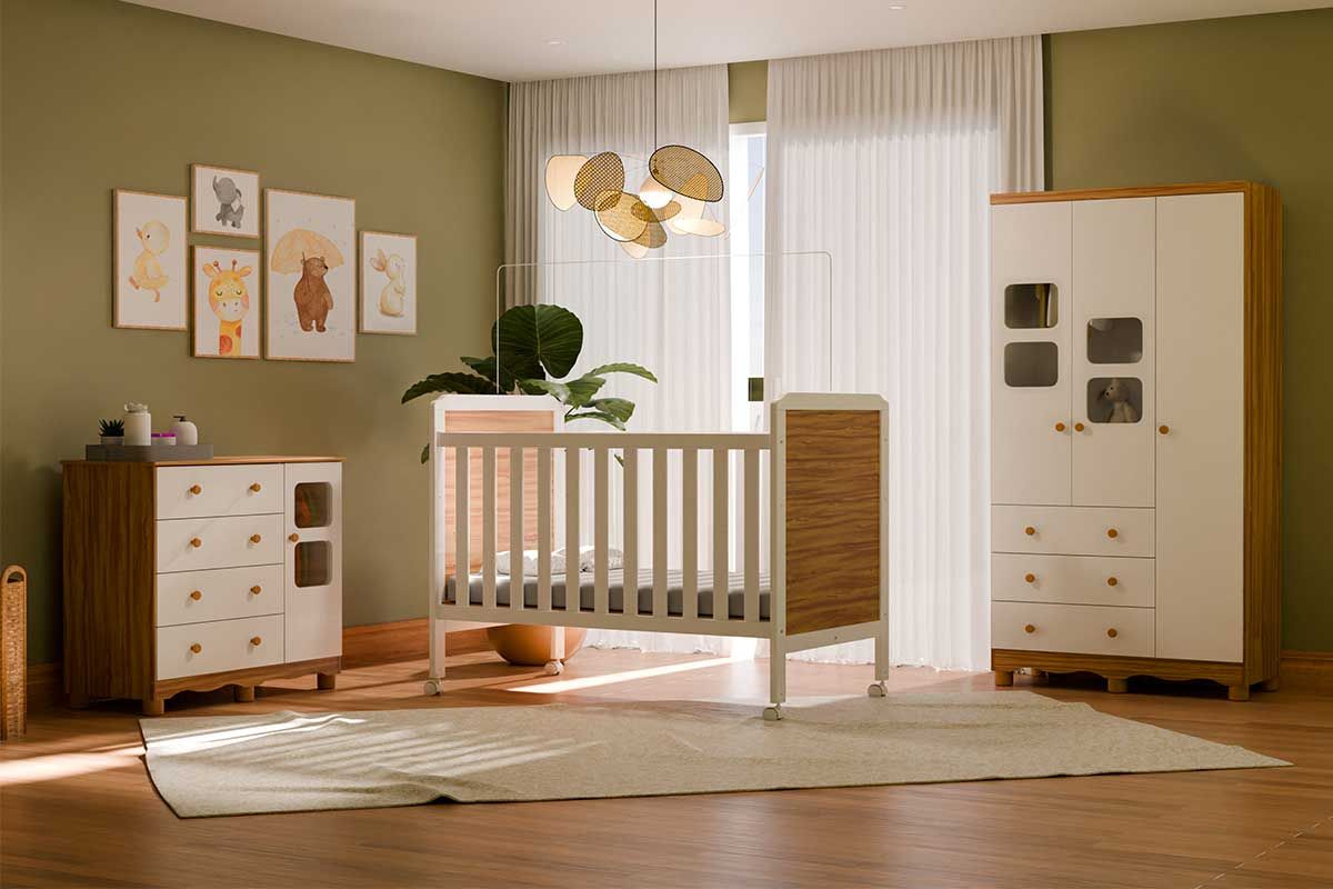 Quarto Infantil Completo 3 Peças (1GuardaRoupa+1Berço+1Cômoda) QI122 Peroba