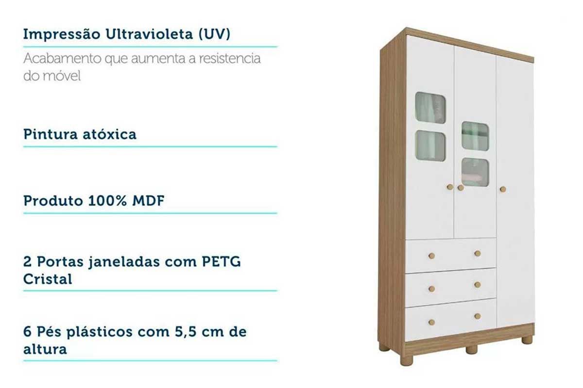 Quarto Infantil Completo 3 Peças (1GuardaRoupa+1Berço+1Cômoda) QI122 Peroba
