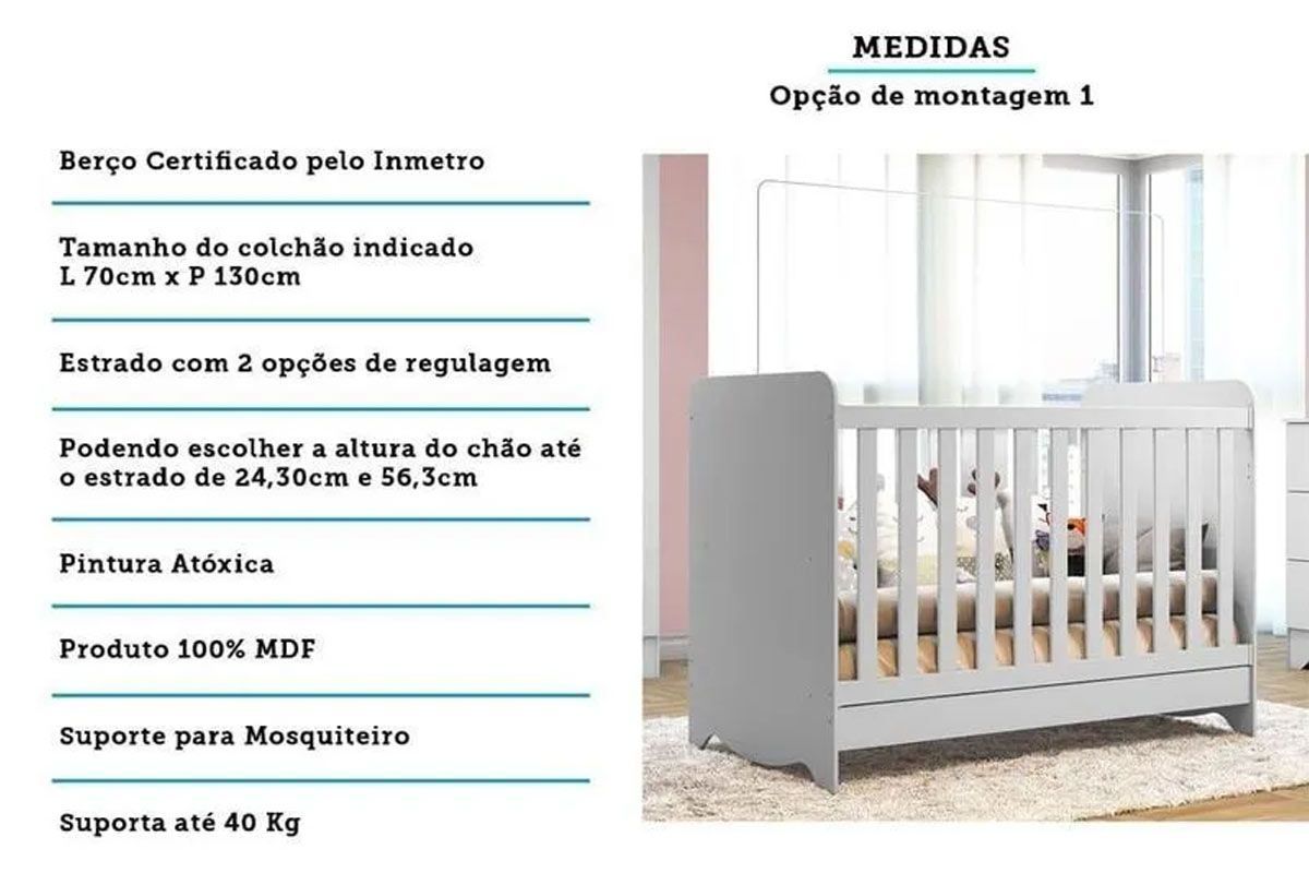Quarto Infantil Completo 3 Peças (1GuardaRoupa+1Berço+1Cômoda) QI124 Peroba