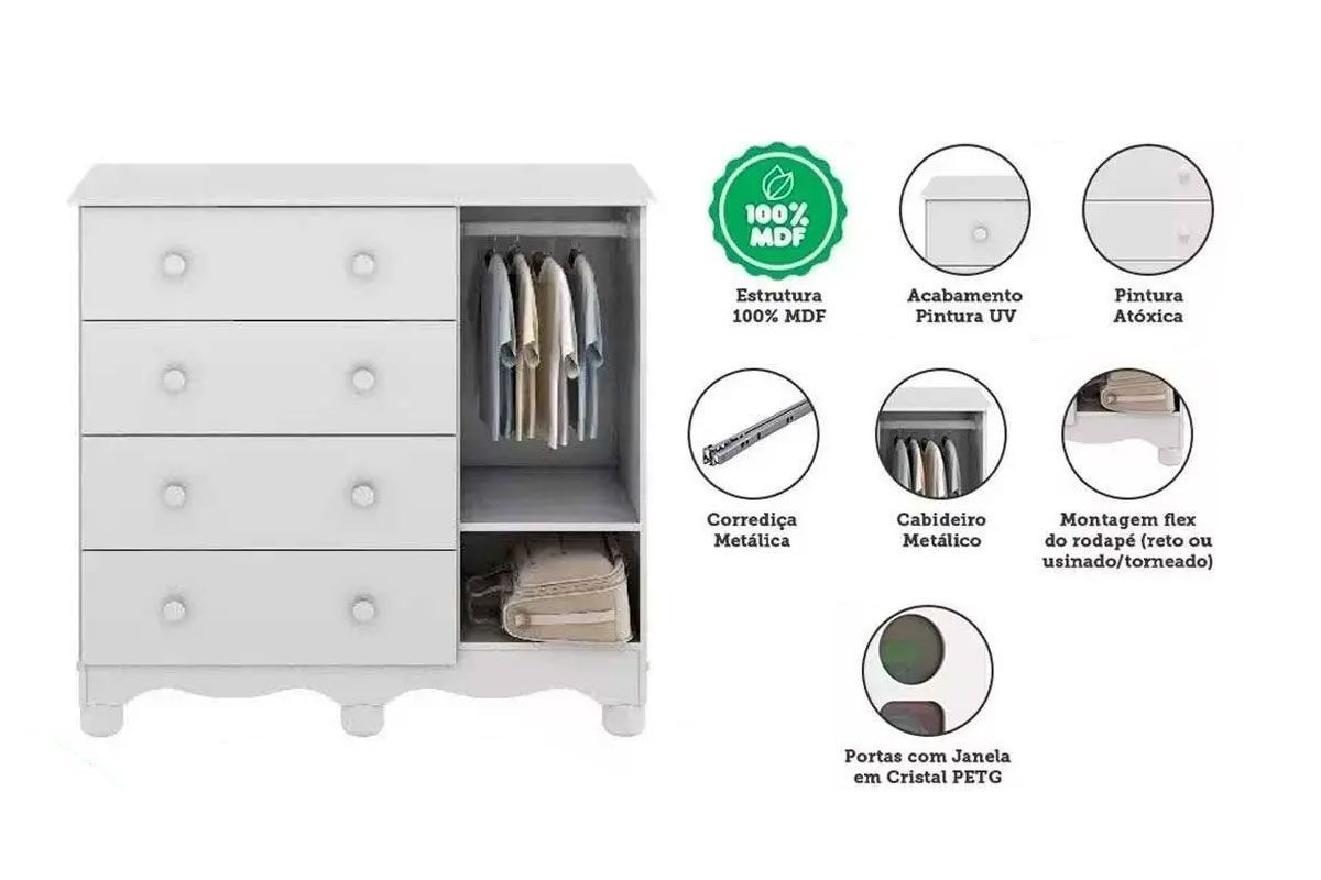 Quarto Infantil Completo 3 Peças (1GuardaRoupa+1Berço+1Cômoda) QI124 Peroba