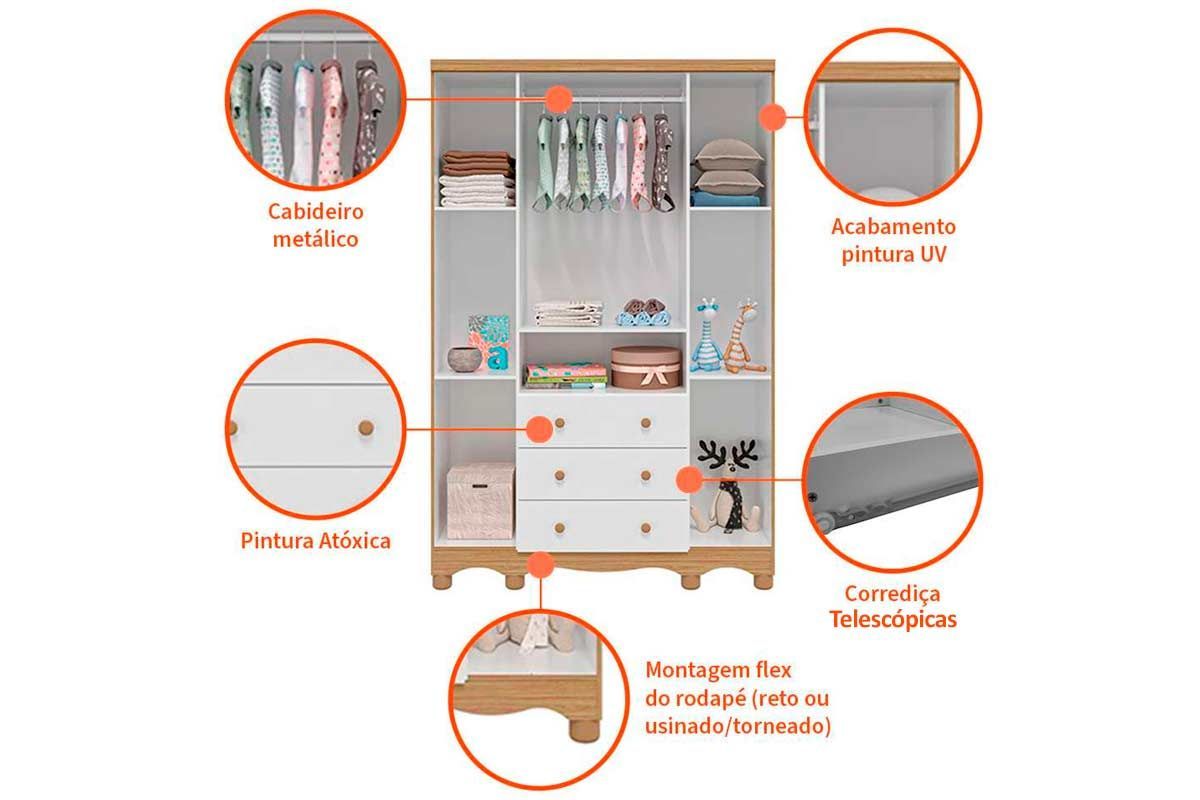 Quarto Infantil Completo 3 Peças (1GuardaRoupa+1Berço+1Cômoda) QI125 Peroba