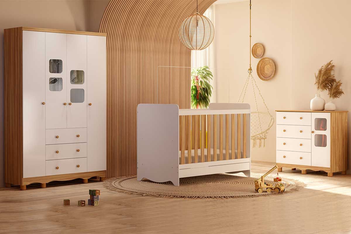 Quarto Infantil Completo 3 Peças (1GuardaRoupa+1Berço+1Cômoda) QI125 Peroba