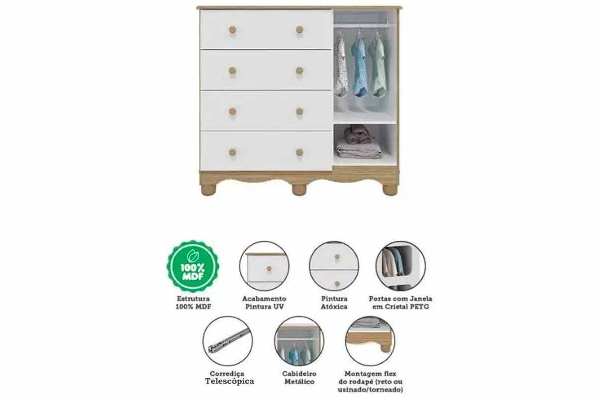 Quarto Infantil Completo 3 Peças (1GuardaRoupa+1Berço+1Cômoda) QI126 Peroba