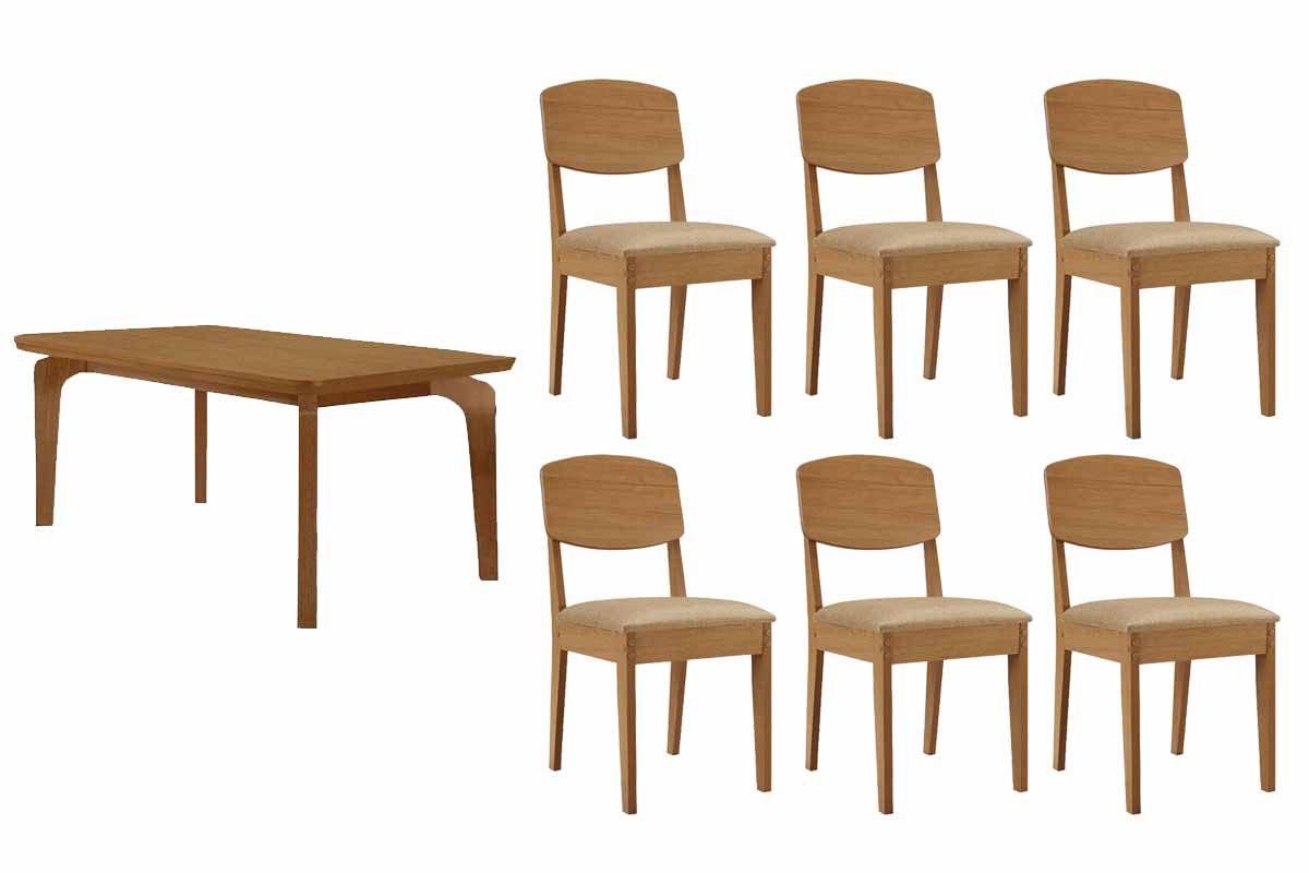 Sala Jantar Mesa Londrina c/ Tampo Madeirado Canto Curvo 180x90cm e 6 Cadeiras Havana - Rufato