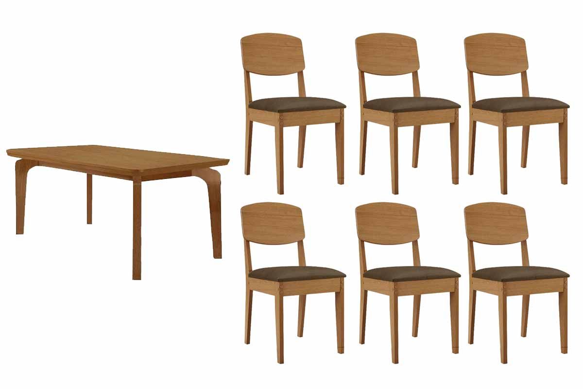 Sala Jantar Mesa Londrina c/ Tampo Madeirado Canto Curvo 180x90cm e 6 Cadeiras Havana - Rufato