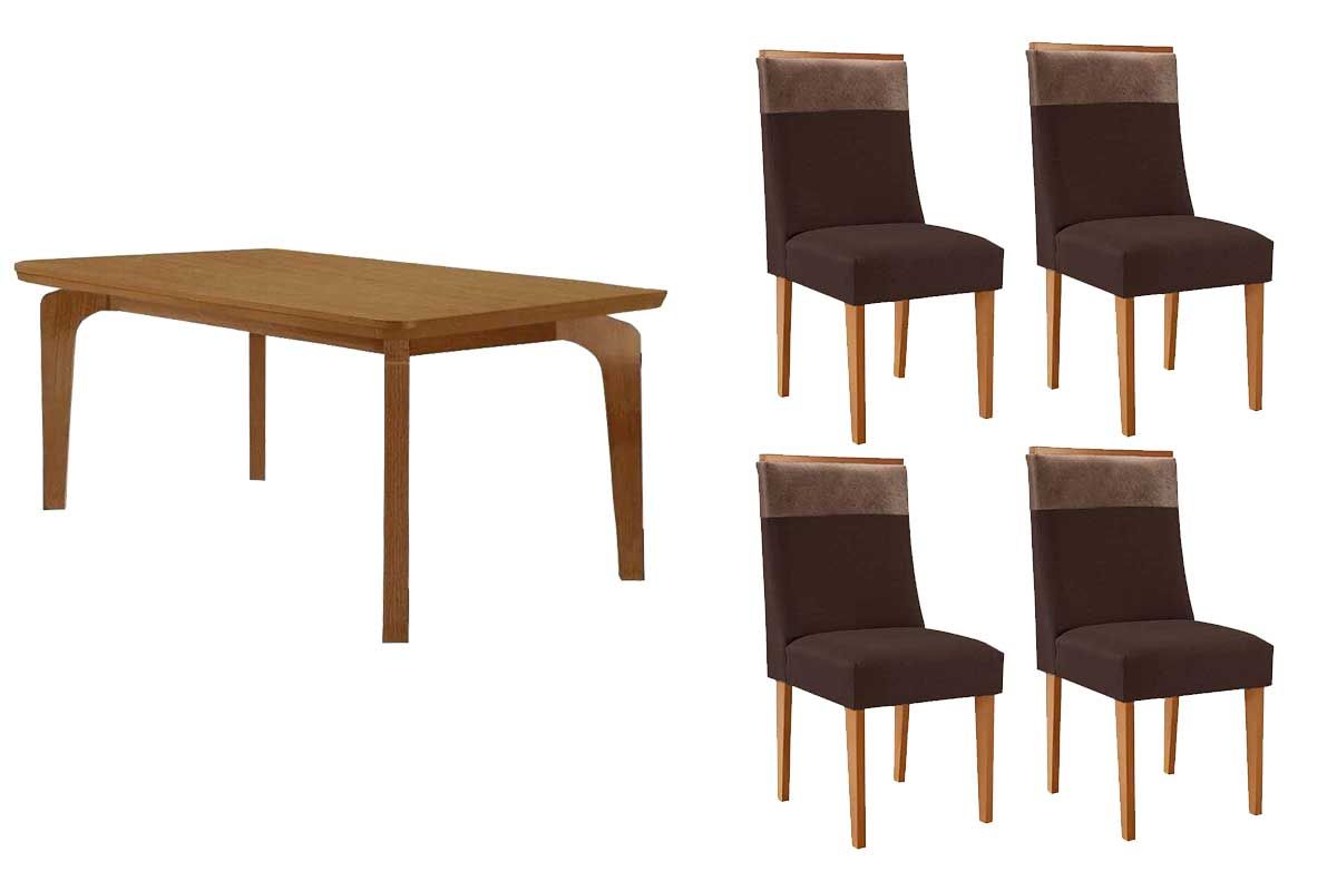 Sala Jantar Mesa Londrina c/ Tampo Madeirado Canto Curvo 120x80cm e 4 Cadeiras Jaspe - Rufato