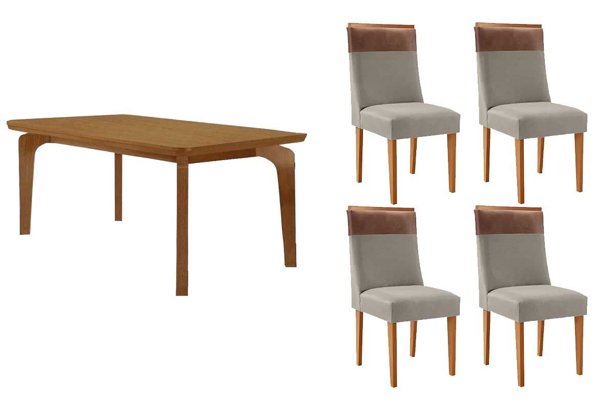 Sala Jantar Mesa Londrina c/ Tampo Madeirado Canto Curvo 120x80cm e 4 Cadeiras Jaspe - Rufato
