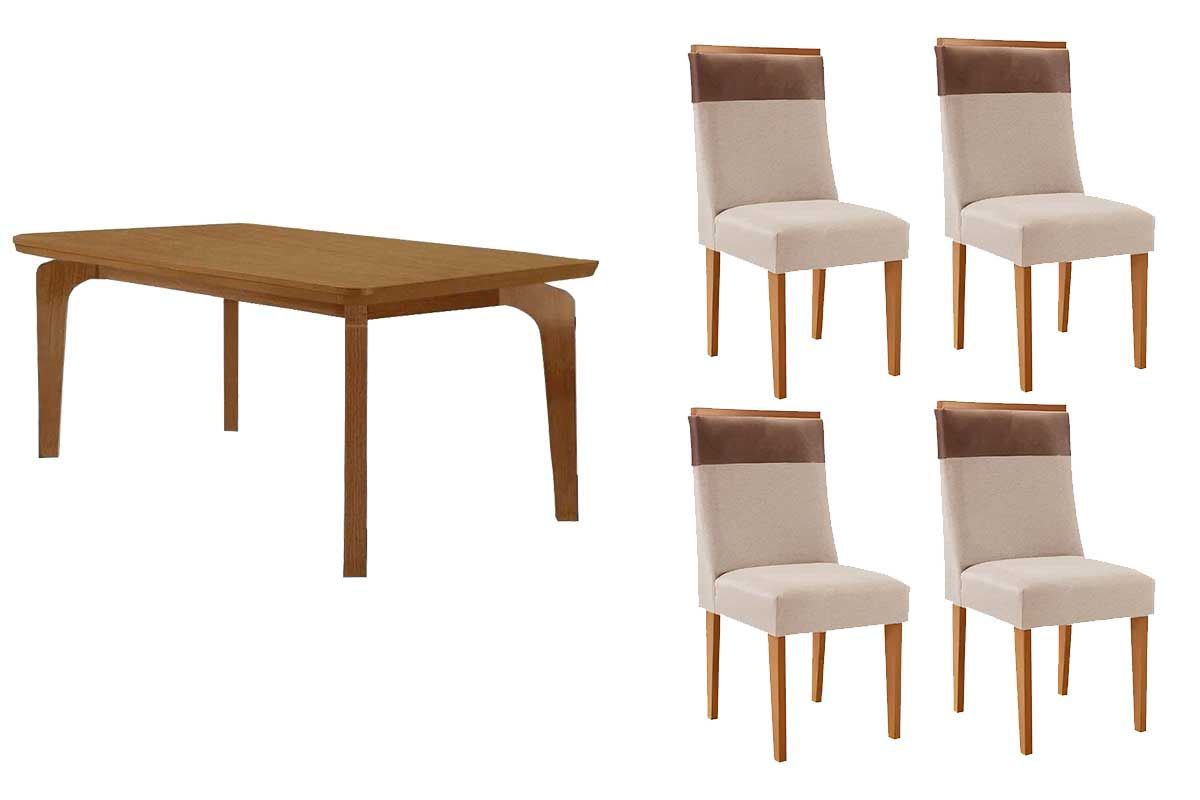 Sala Jantar Mesa Londrina c/ Tampo Madeirado Canto Curvo 120x80cm e 4 Cadeiras Jaspe - Rufato