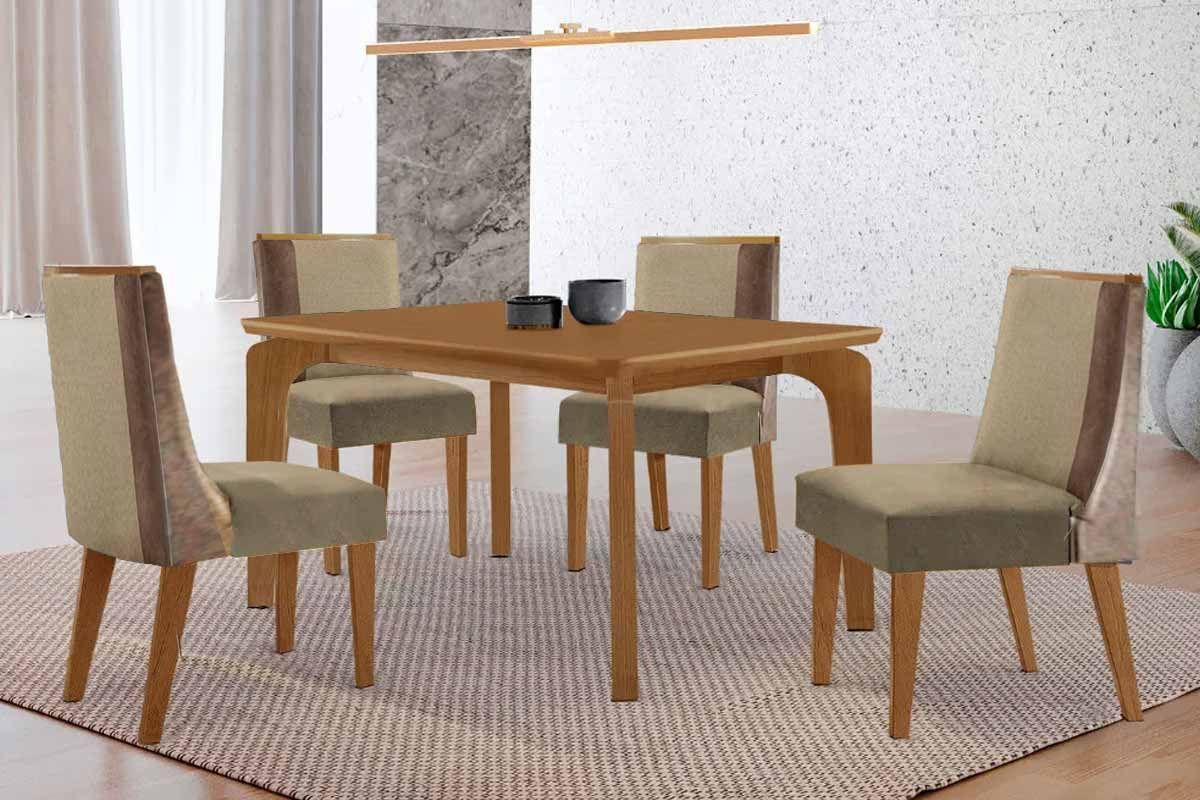 Sala Jantar Mesa Londrina c/ Tampo Madeirado Canto Curvo 120x80cm e 4 Cadeiras Tilia - Rufato