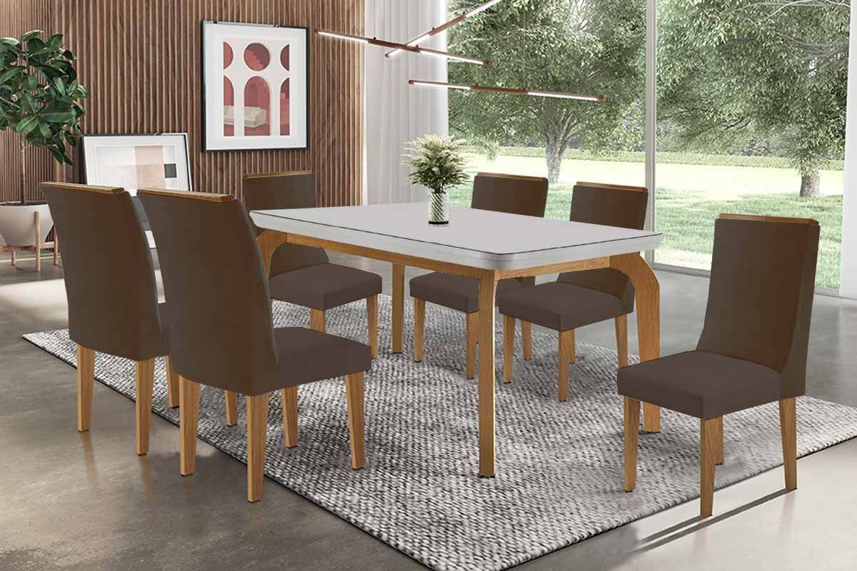 Sala Jantar Mesa Londrina c/ Tampo Madeirado c/ Vidro Canto Curvo 180x90cm e 6 Cadeiras Dakota - Rufato