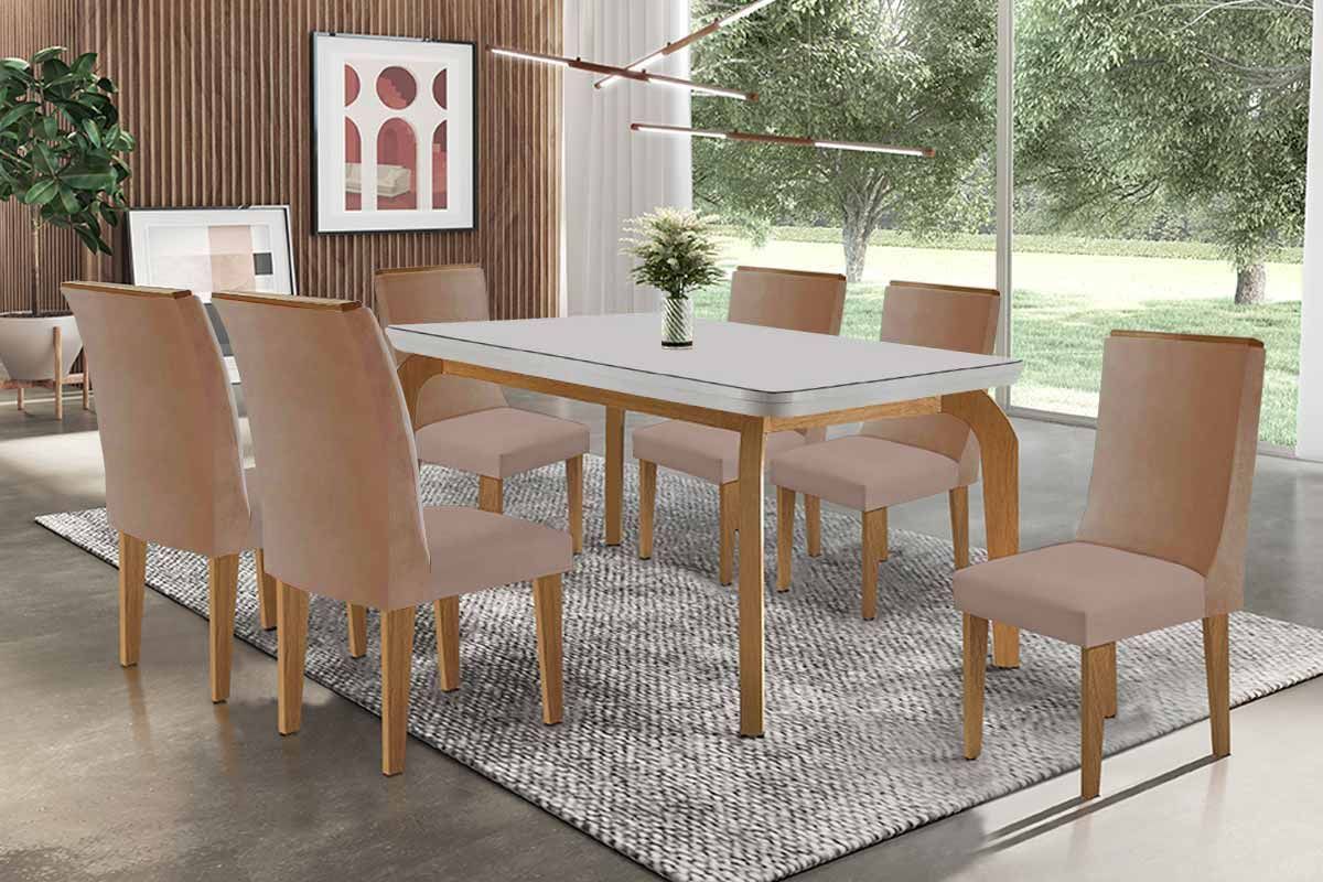 Sala Jantar Mesa Londrina c/ Tampo Madeirado c/ Vidro Canto Curvo 180x90cm e 6 Cadeiras Dakota - Rufato
