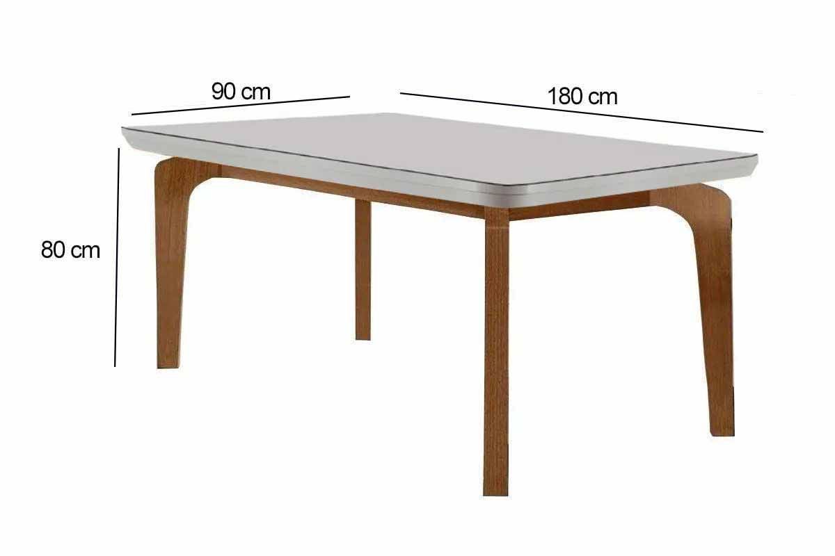 Sala Jantar Mesa Londrina c/ Tampo Madeirado c/ Vidro Canto Curvo 180x90cm e 6 Cadeiras Dakota - Rufato