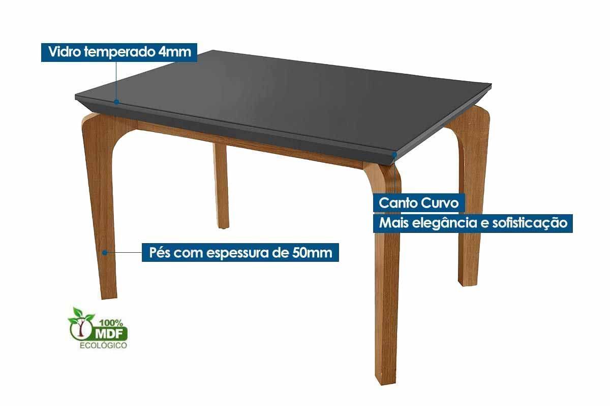 Sala Jantar Mesa Londrina c/ Tampo Madeirado c/ Vidro Canto Curvo 180x90cm e 6 Cadeiras Dakota - Rufato