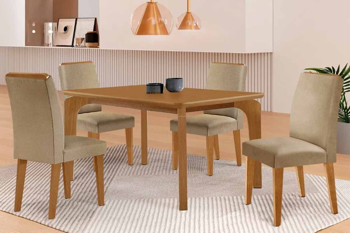 Sala Jantar Mesa Londrina c/ Tampo Madeirado c/ Vidro Canto Curvo 120x80cm 4 Cadeiras Dakota - Rufato