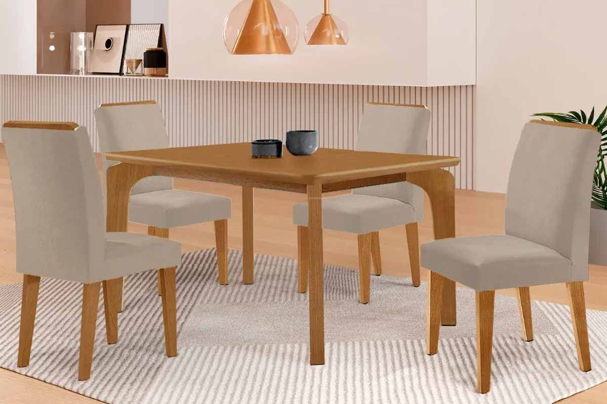 Sala Jantar Mesa Londrina c/ Tampo Madeirado c/ Vidro Canto Curvo 120x80cm 4 Cadeiras Dakota - Rufato