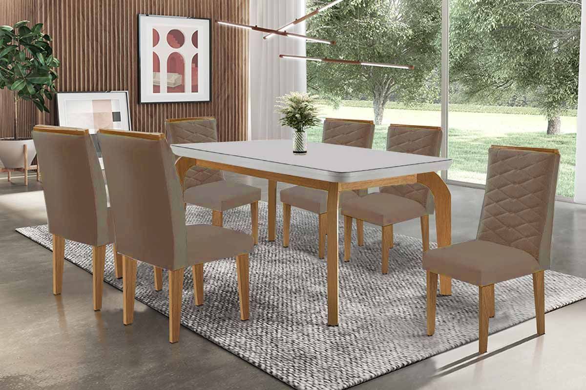 Sala Jantar Mesa Londrina c/ Tampo Madeirado c/ Vidro Canto Curvo 180x90cm e 6 Cadeiras Maldivas - Rufato