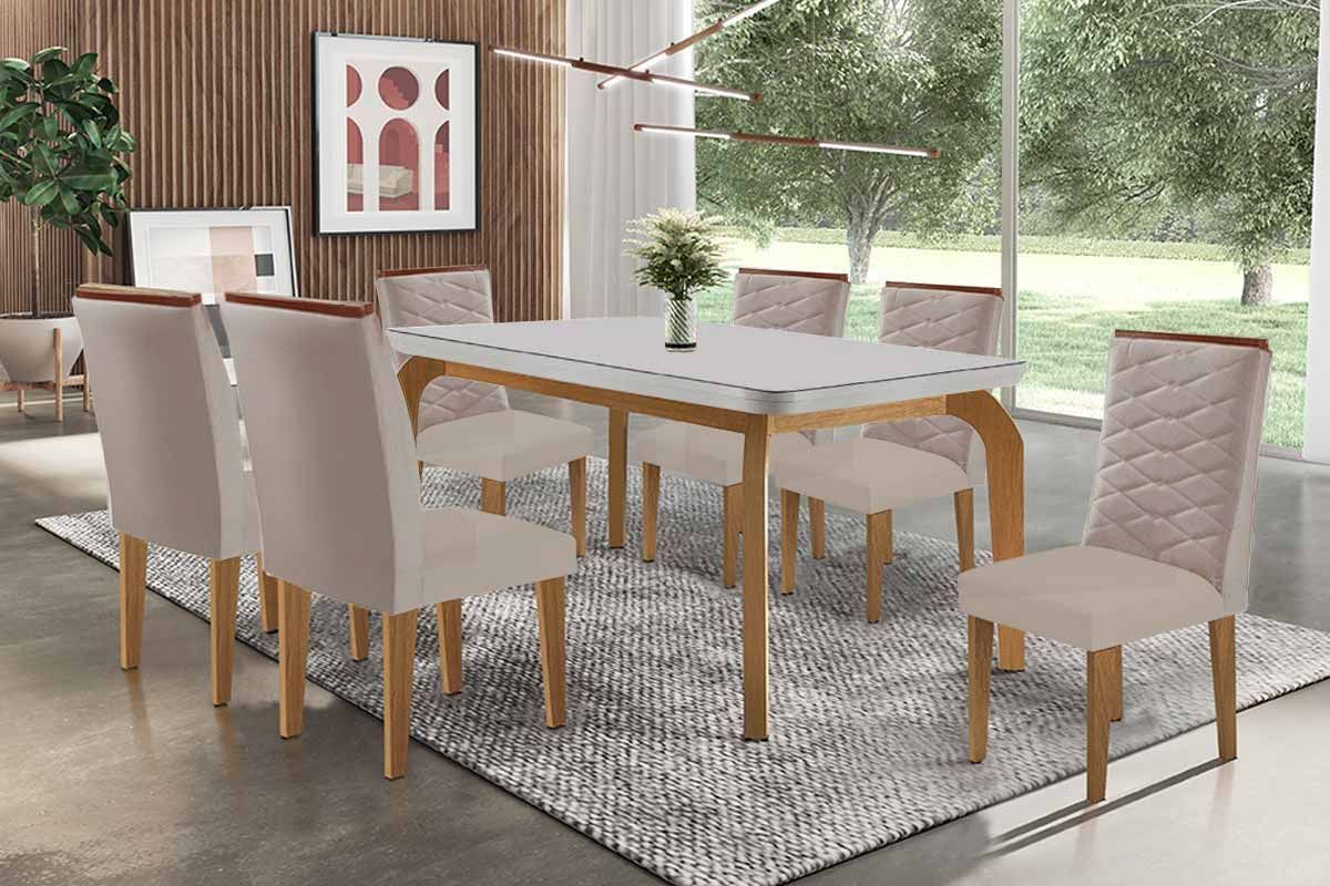 Sala Jantar Mesa Londrina c/ Tampo Madeirado c/ Vidro Canto Curvo 180x90cm e 6 Cadeiras Maldivas - Rufato