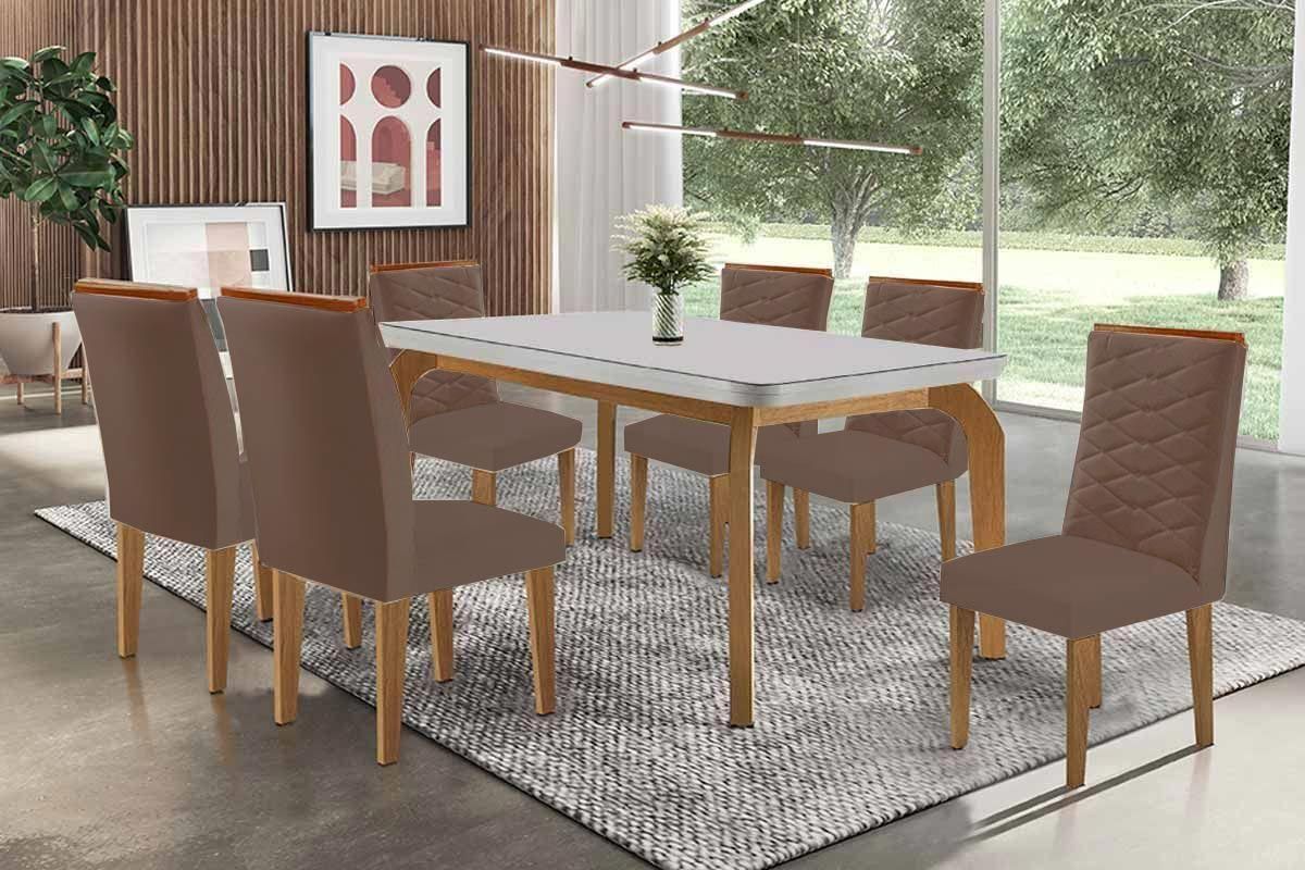 Sala Jantar Mesa Londrina c/ Tampo Madeirado c/ Vidro Canto Curvo 180x90cm e 6 Cadeiras Maldivas - Rufato