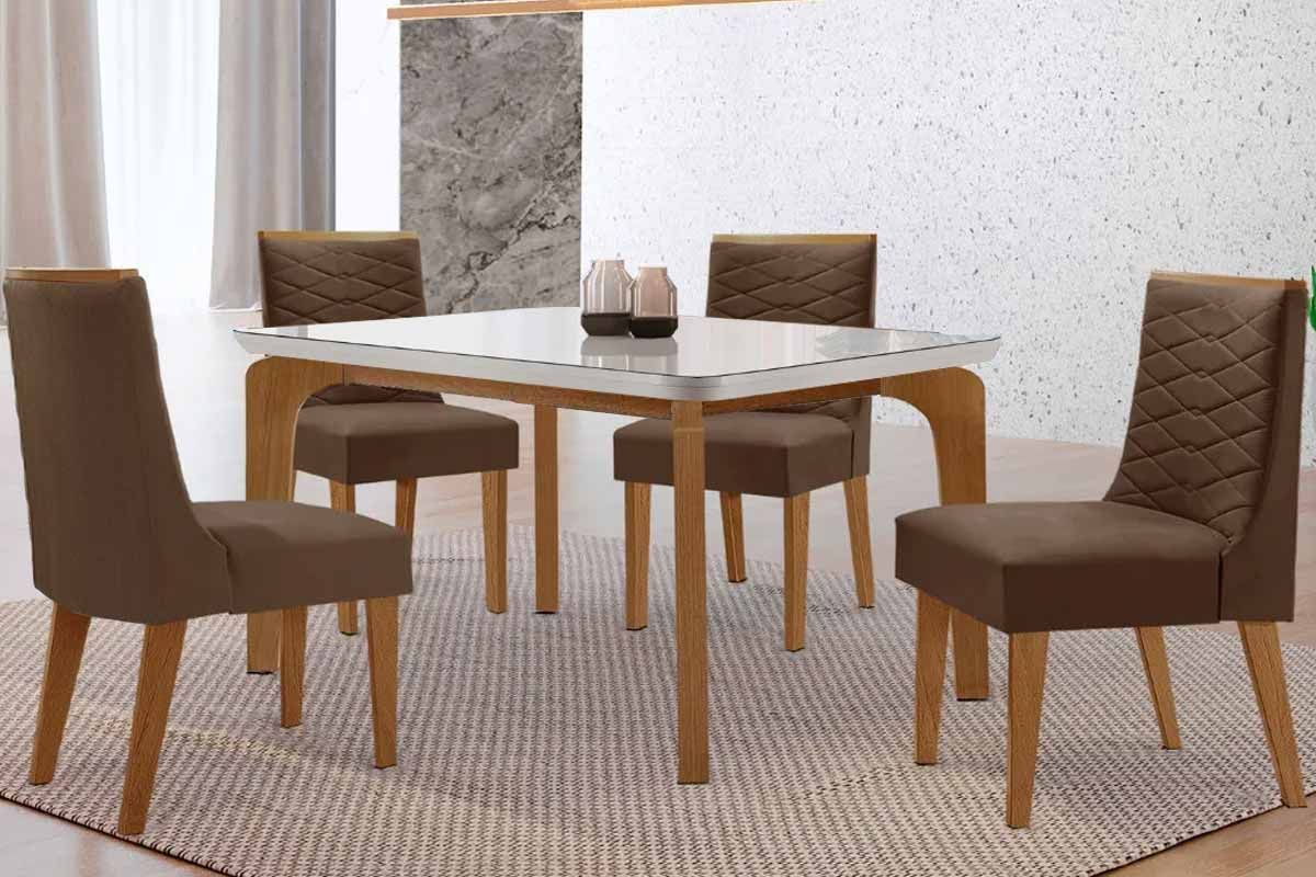 Sala Jantar Mesa Londrina c/ Tampo Madeirado c/ Vidro Canto Curvo 120x80cm 4 Cadeiras Maldivas - Rufato