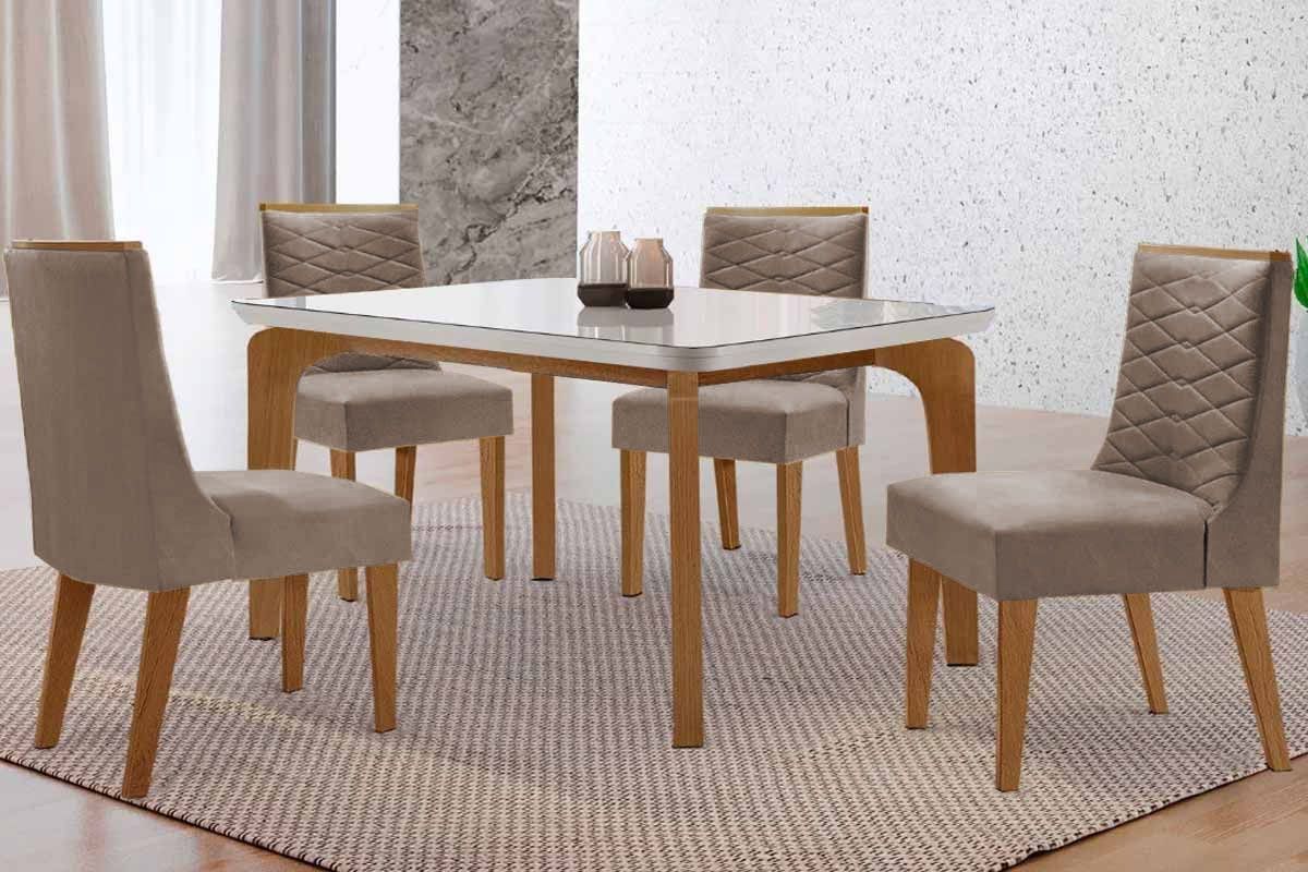 Sala Jantar Mesa Londrina c/ Tampo Madeirado c/ Vidro Canto Curvo 120x80cm 4 Cadeiras Maldivas - Rufato