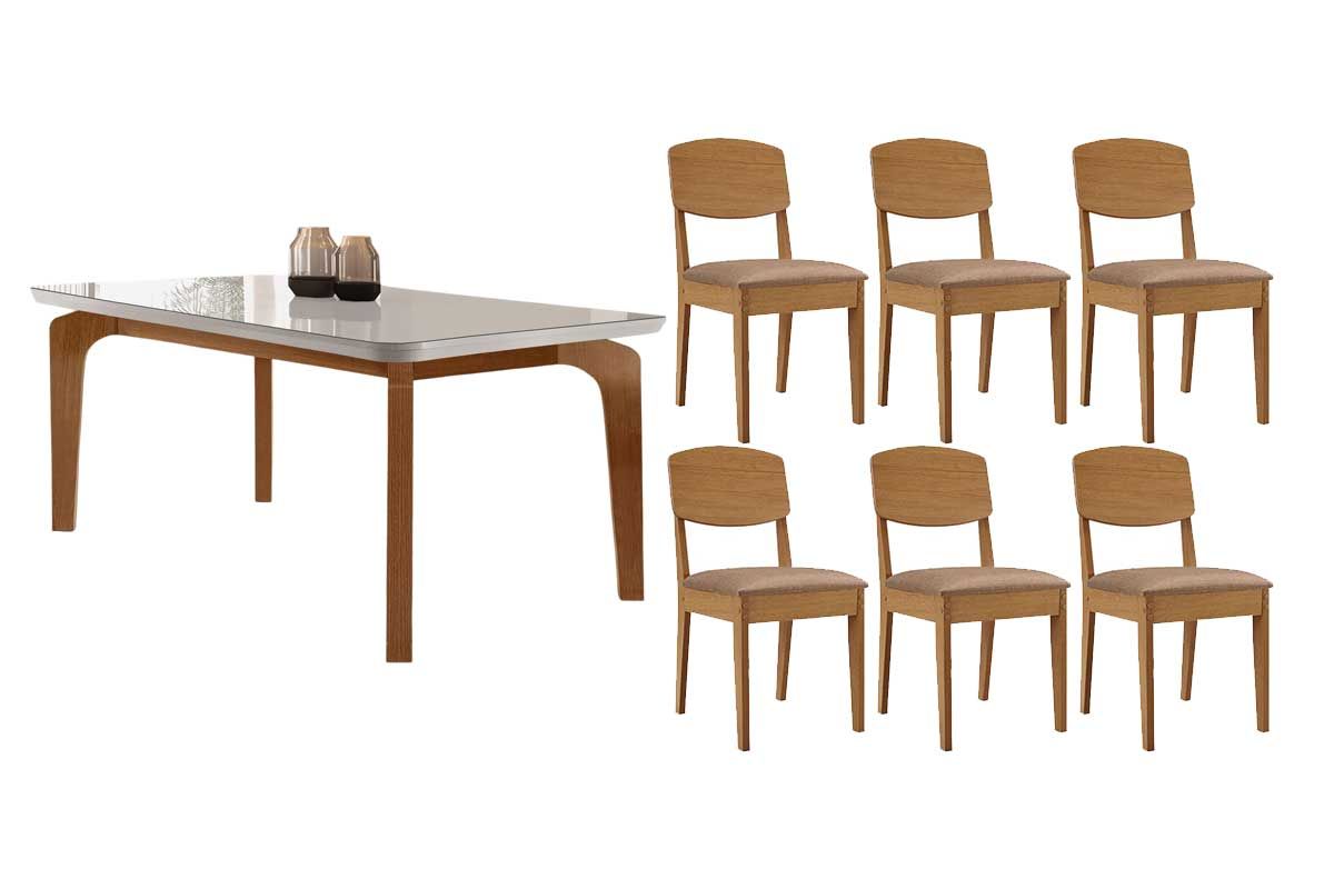 Sala Jantar Mesa Londrina c/ Tampo Madeirado c/ Vidro Canto Curvo 180x90cm e 6 Cadeiras Havana - Rufato