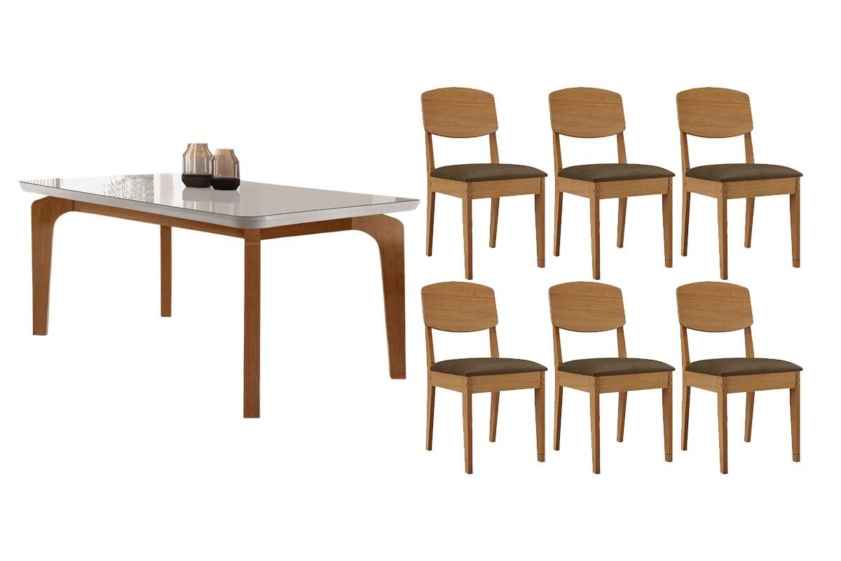 Sala Jantar Mesa Londrina c/ Tampo Madeirado c/ Vidro Canto Curvo 180x90cm e 6 Cadeiras Havana - Rufato