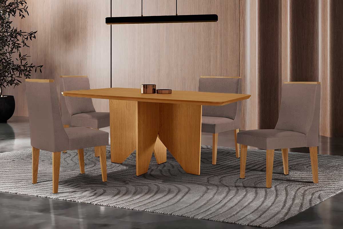 Sala Jantar Mesa Nevada c/ Tampo Madeirado Canto Curvo 120x80cm e 4 Cadeiras Dakota - Rufato