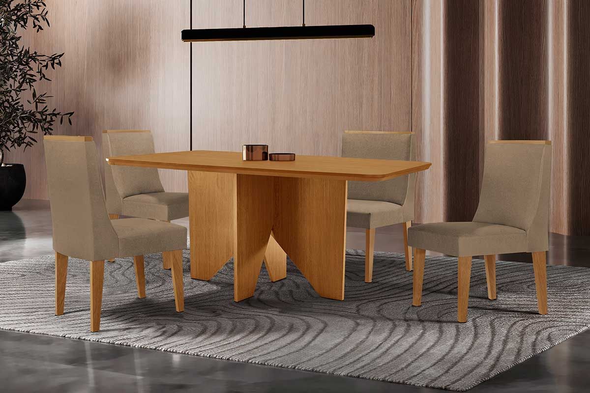 Sala Jantar Mesa Nevada c/ Tampo Madeirado Canto Curvo 120x80cm e 4 Cadeiras Dakota - Rufato
