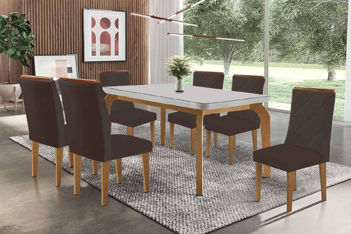 Sala Jantar Mesa Londrina c/ Tampo Madeirado c/ Vidro Canto Curvo 180x90cm e 6 Cadeiras Pietá - Rufato