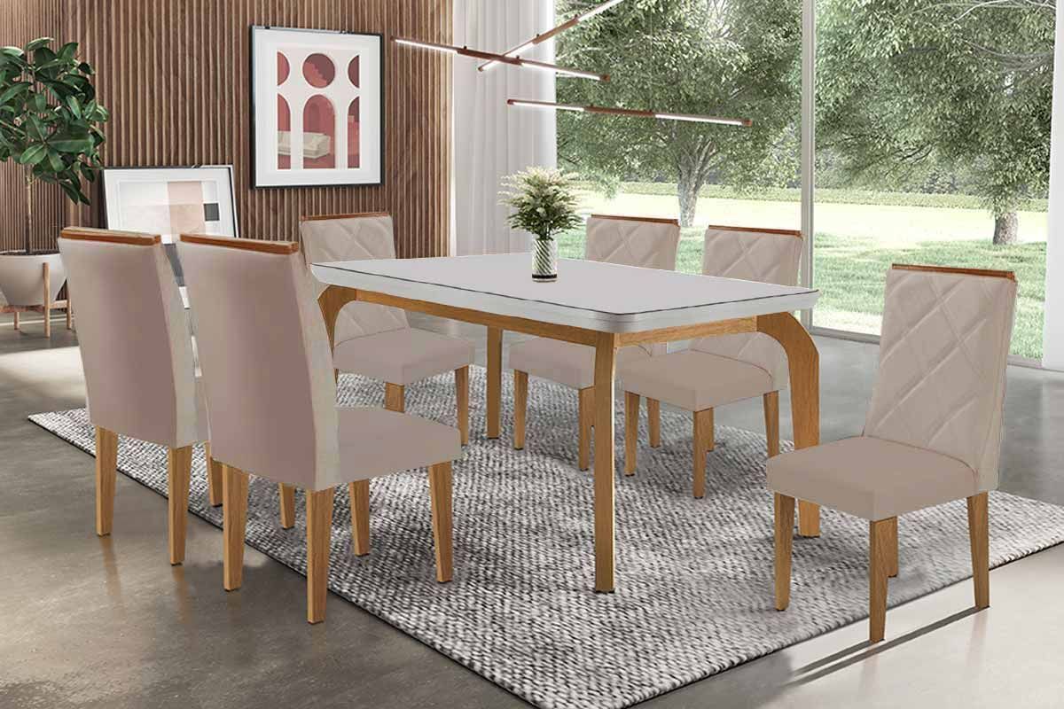 Sala Jantar Mesa Londrina c/ Tampo Madeirado c/ Vidro Canto Curvo 180x90cm e 6 Cadeiras Pietá - Rufato