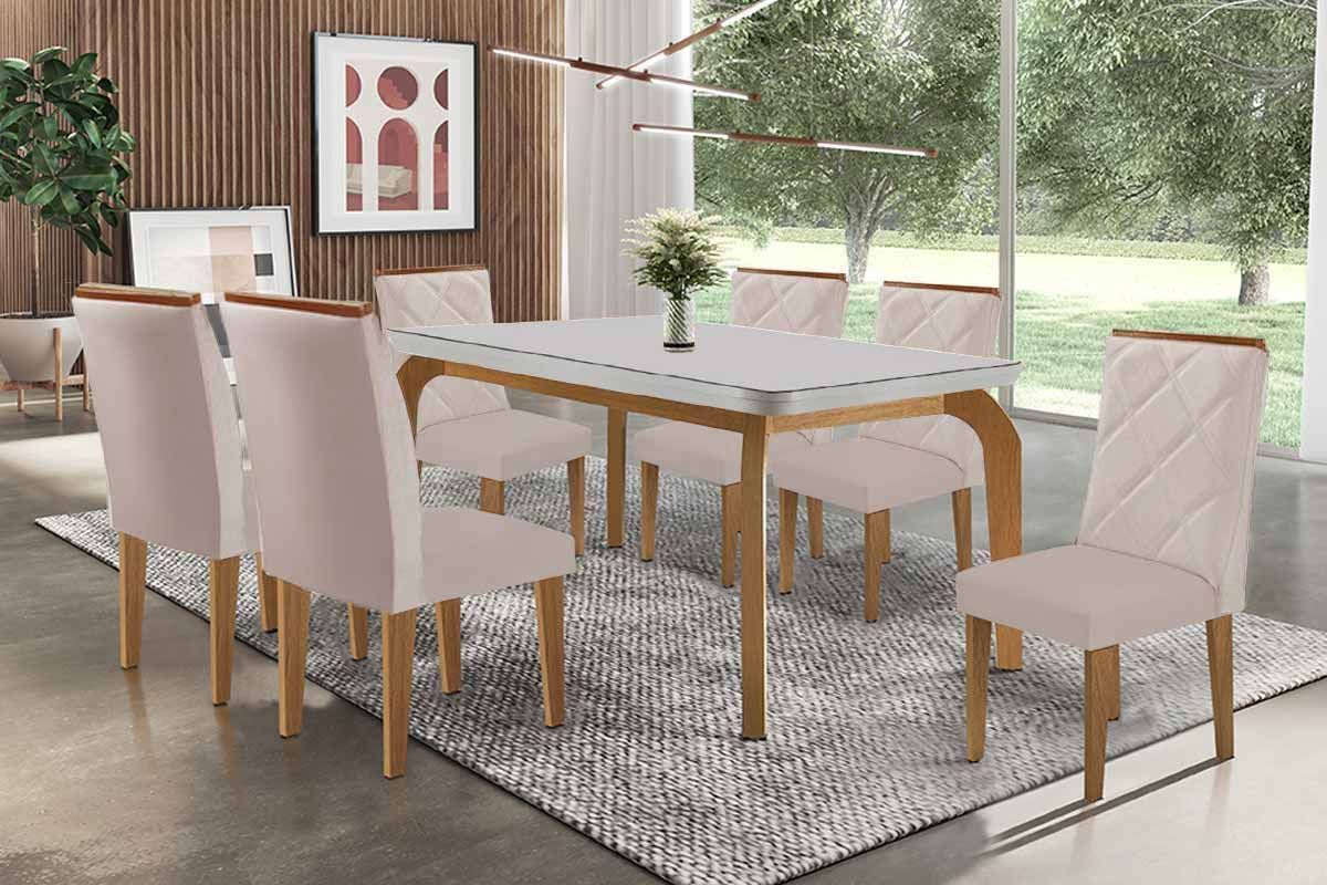 Sala Jantar Mesa Londrina c/ Tampo Madeirado c/ Vidro Canto Curvo 180x90cm e 6 Cadeiras Pietá - Rufato