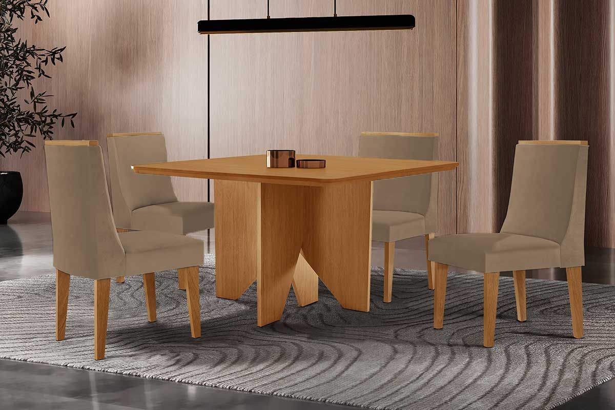 Sala Jantar Mesa Nevada c/ Tampo Madeirado Canto Curvo 90x90cm e 4 Cadeiras Dakota - Rufato