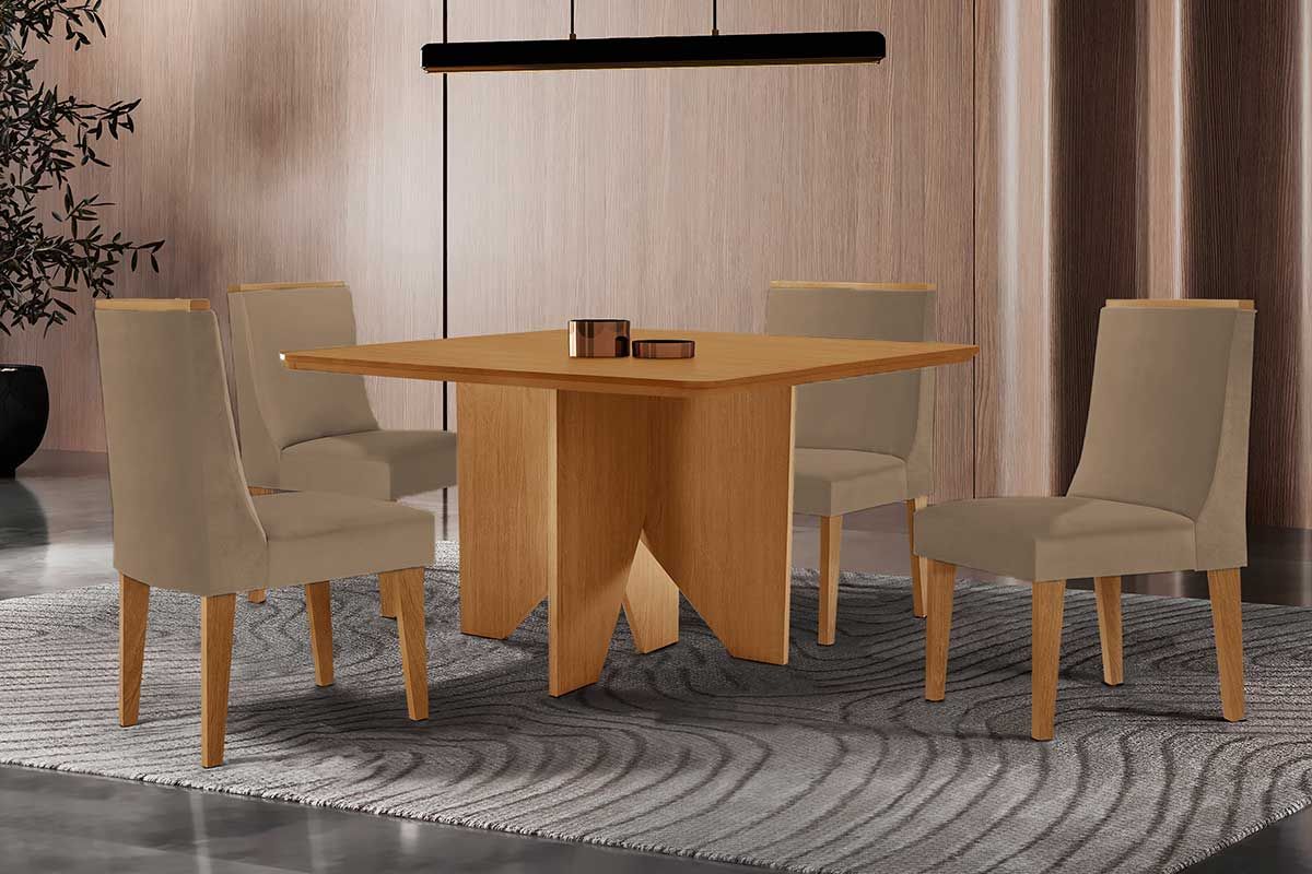 Sala Jantar Mesa Nevada c/ Tampo Madeirado Canto Curvo 90x90cm e 4 Cadeiras Dakota - Rufato